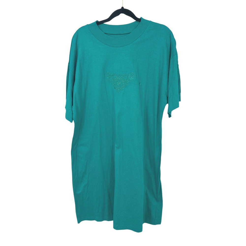 Vtg Earth Angels T-Shirt Nightgown Womens OS Teal Green Embroidered Cotton USA